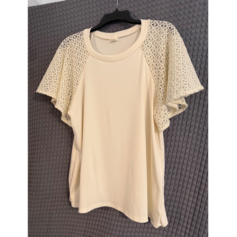 Like Love Ribbed Top Women S Cream BOHO Crochet Flutter Sleeve Raglan Tee